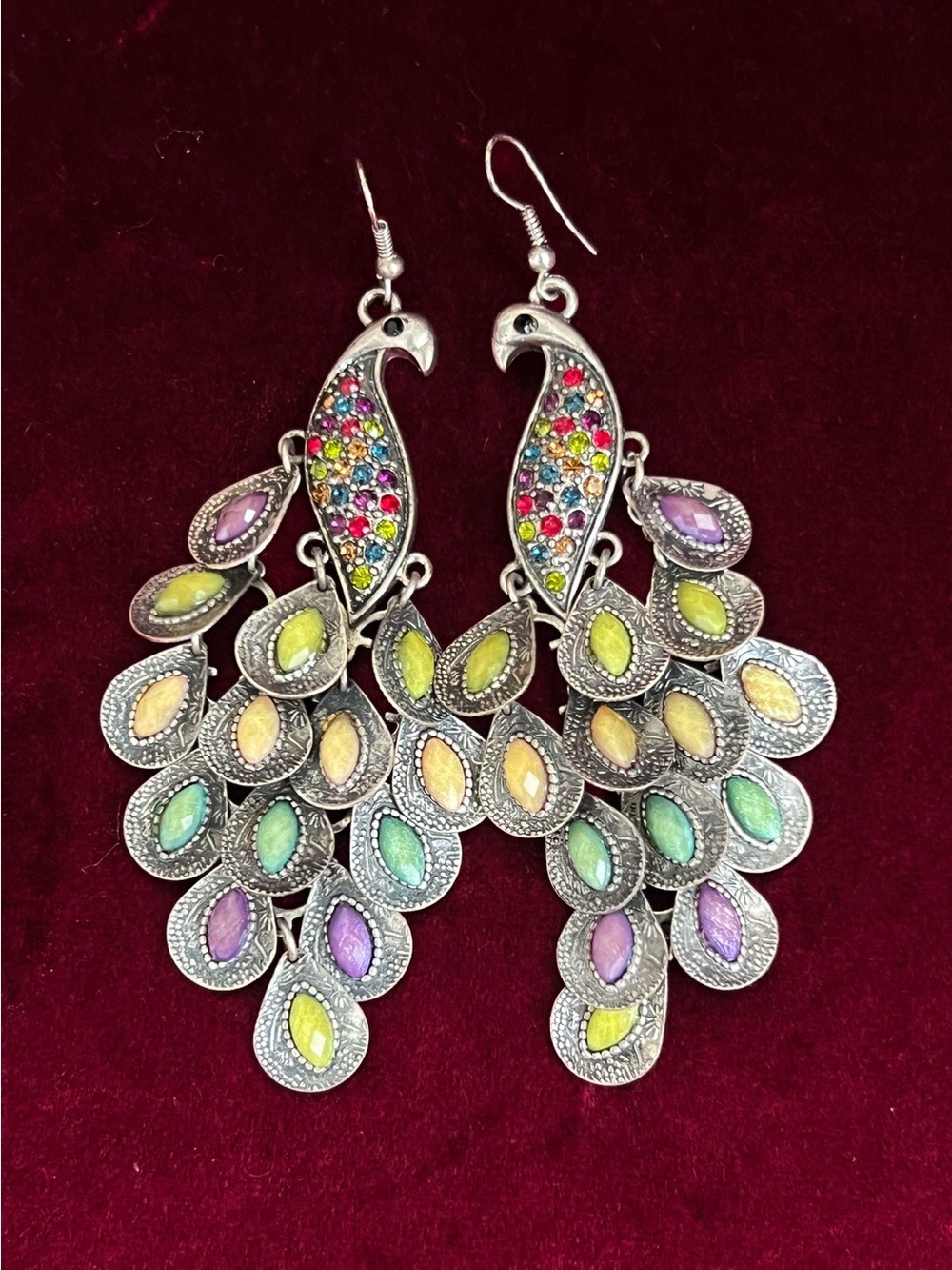 Large peacock dangle rhinestone earrings